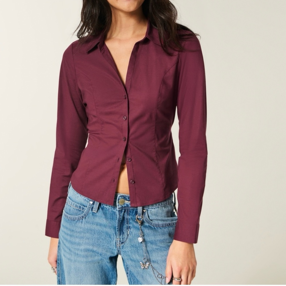 Hollister Women's Burgundy Button-Up babydoll Longsleeve Shirt medium